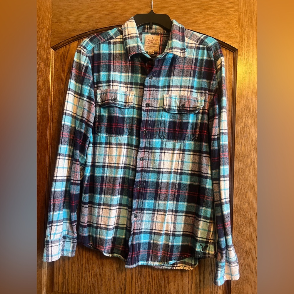 Two American Eagle Men's Plaid Flannel Shirt - Blue/Teal Casual Button-Ups
